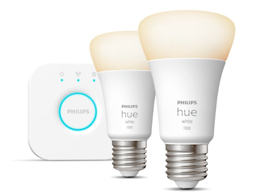 Zestaw startowy PHILIPS HUE 929002469201 10W E27 (2 szt.) + mostek Bridge żarówki nowej generacji klasa energetyczna F trzon E27 żywotność do 25000 godzin strumień świetlny do 1055 lm moc 10 W