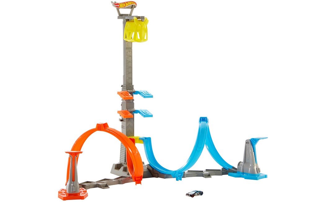 Tor HOT WHEELS Wieża Starcie na wysokości GRW39 Epicki zestaw kaskaderski Wielokrotnie zakręcony pomarańczowy tor daje mnóstwo okazji do popisów kaskaderskich i kraks