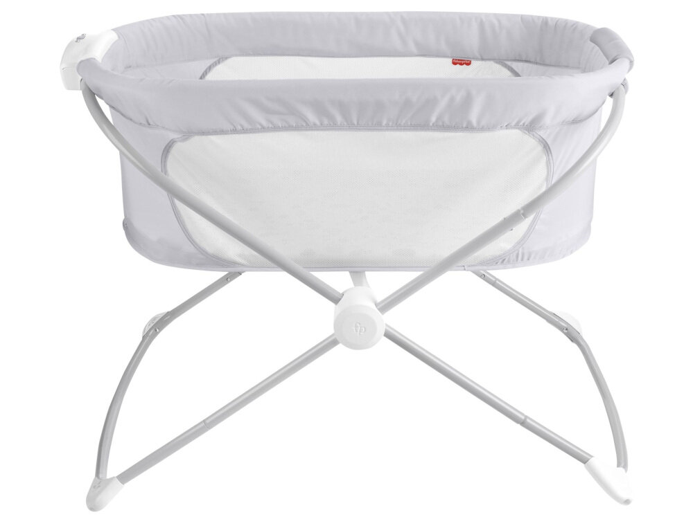 Łóżeczko FISHER PRICE Spokojne Sny GVG95 boki z przewiewnej siateczki blokada nóżek nóżki mają obrotową blokadę przejście od kołysania w tryb stacjonarny