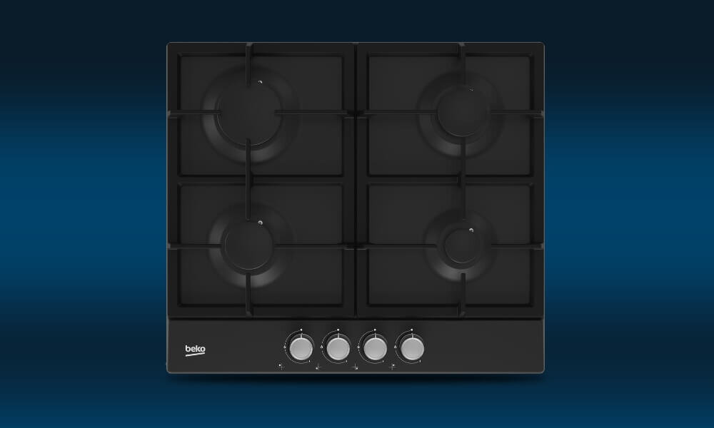 PŁYTA BEKO bPro500 HIAG64225SB Na grafice przedstawiono srebrną płytę gazową Beko z czterema palnikami rozmieszczonymi symetrycznie oraz czterema pokrętłami sterującymi umieszczonymi pionowo po prawej stronie. Urządzenie pokazano na granatowym tle z delikatnym przejściem tonalnym, co eksponuje prostą i funkcjonalną konstrukcję płyty płyta gazowa 60 cm szkło design łatwe czyszczenie 4 palniki