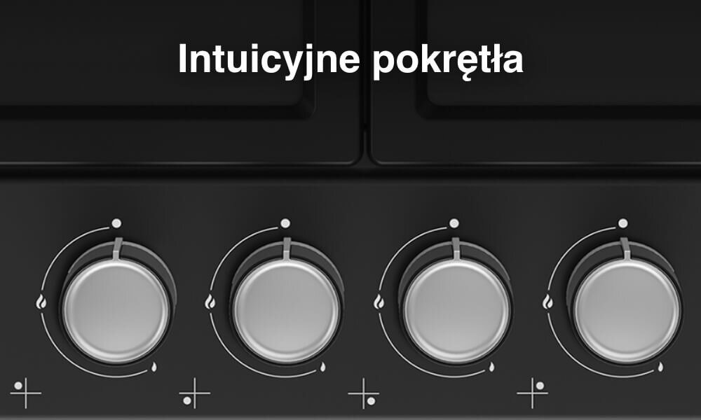 PŁYTA BEKO bPro500 HIAG64225SB Na grafice pokazano fragment czarnej płyty gazowej z widocznymi palnikami oraz czterema jasnymi pokrętłami ułożonymi pionowo po prawej stronie. U góry umieszczono biały napis „Intuicyjne pokrętła”, który podkreśla prostą i czytelną obsługę sterowania mocą płomienia łatwa regulacja płomienia precyzyjna kontrola komfort gotowania
