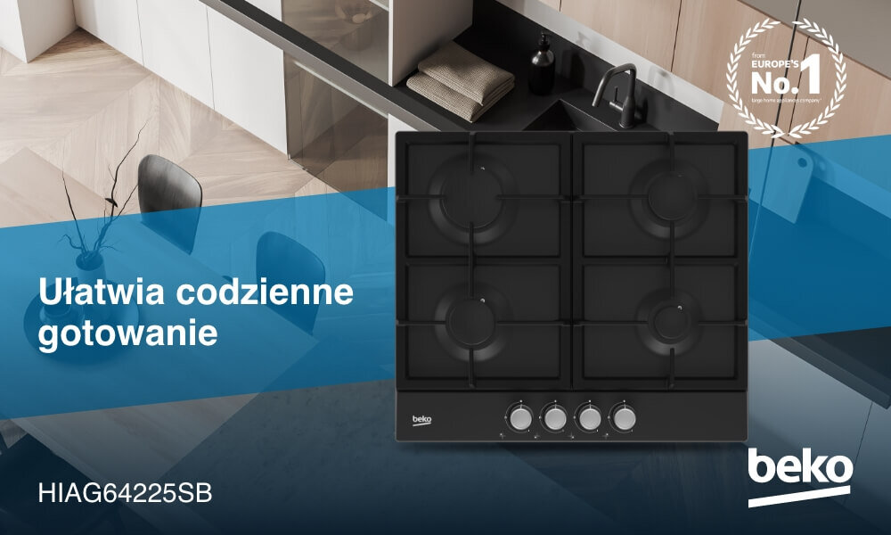 PŁYTA BEKO bPro500 HIAG64225SB Na grafice widoczna jest czarna płyta gazowa Beko z czterema palnikami i czterema pokrętłami umieszczonymi pionowo po prawej stronie, zaprezentowana na tle jasnej kuchni z blatem i zlewem. Na niebieskim pasie po lewej stronie umieszczono hasło „Ułatwia codzienne gotowanie”, oznaczenie modelu bPro500 HIAG64225SB oraz logo Beko, a w prawym górnym rogu znajduje się znak „Europe’s No.1”.