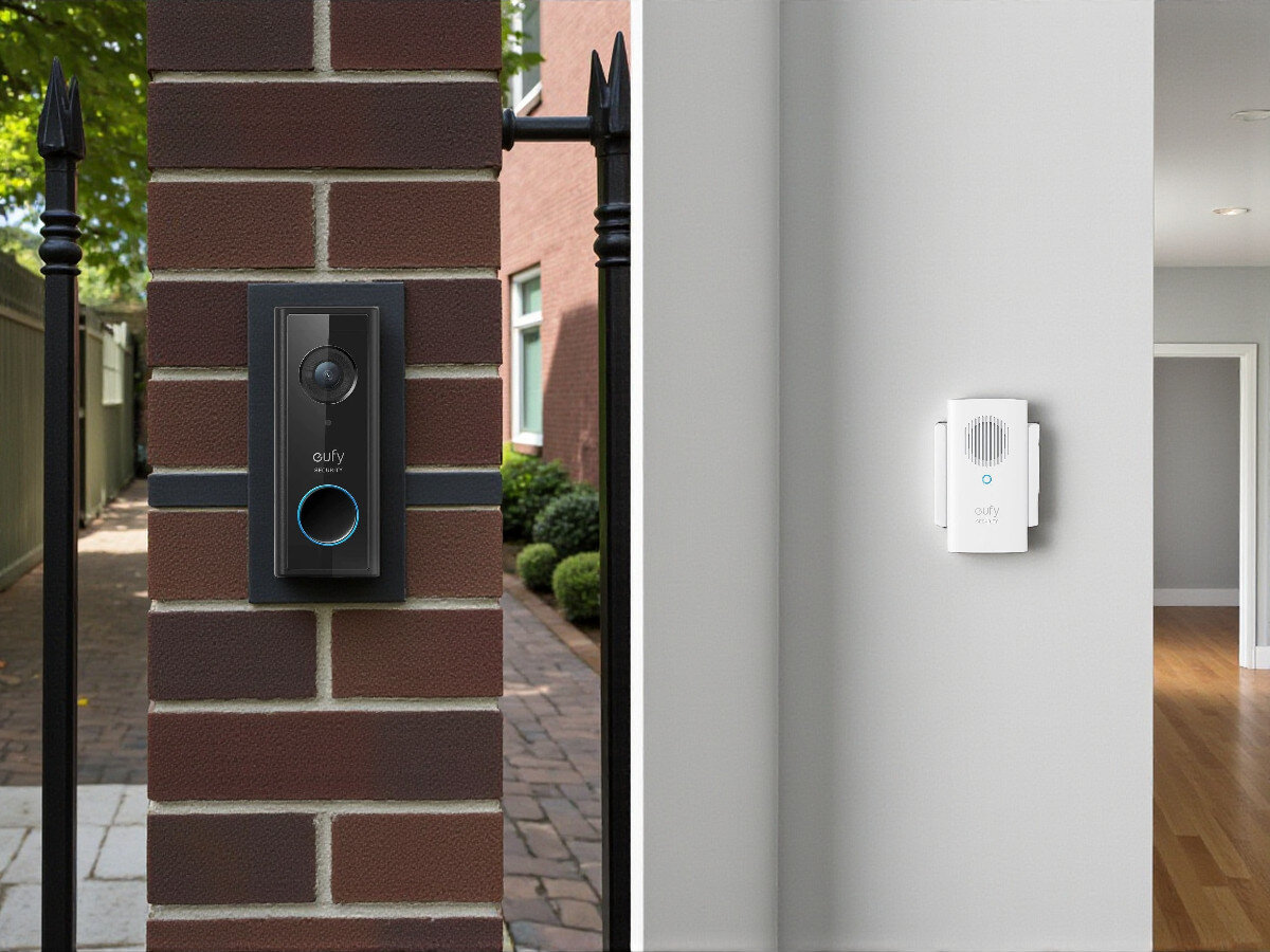 Wideodomofon EUFY Doorbell Slim ‎Bezprzewodowy Wi-Fi, kontrola, bezpieczeństwo, ochrona, komunikacja, Wideodomofon Eufy Slim na murze i Chime na ścianie, zestaw montażu i działania w domu i na zewnątrz.