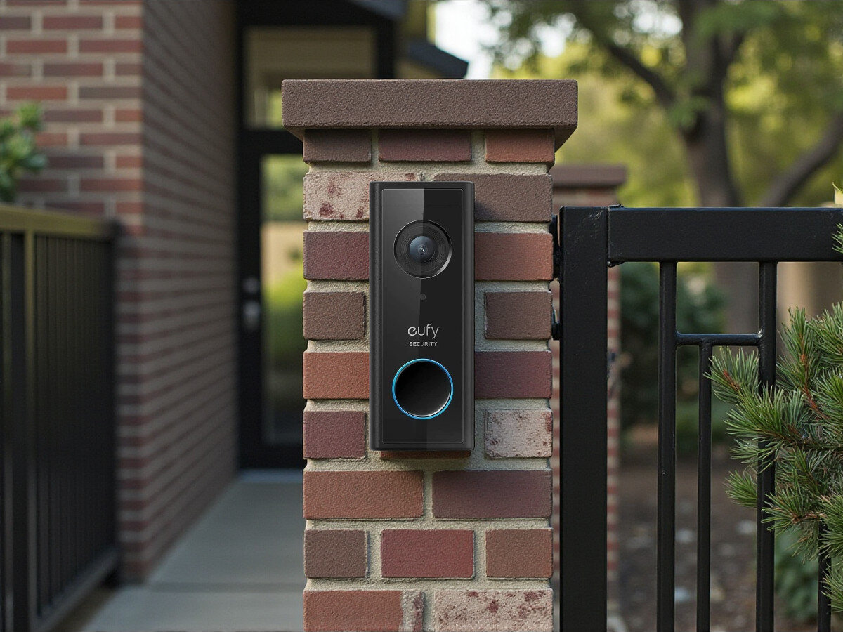 Wideodomofon EUFY Doorbell Slim ‎Bezprzewodowy Wi-Fi, obraz, dźwięk, powiadomienia, FullHD, AI, Wideodomofon Eufy Slim zamontowany na murze przy wejściu, wizualizacja możliwości instalacji.