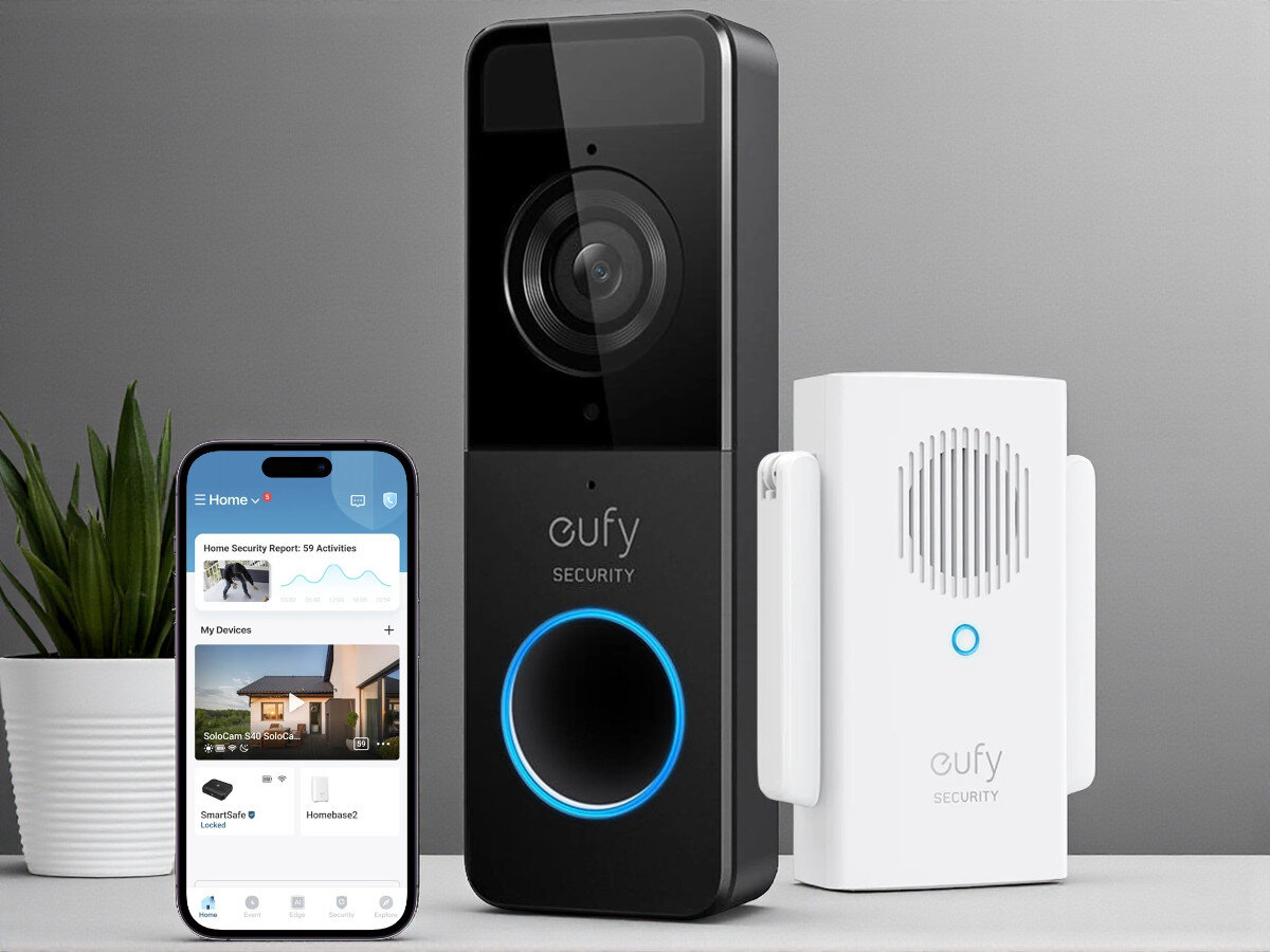 Wideodomofon EUFY Doorbell Slim ‎Bezprzewodowy Wi-Fi, instalacja, obsługa, aplikacja, klin, mobilny, Wideodomofon i Chime w zestawie na tle aplikacji mobilnej, obsługa przez smartfon, wygodne zarządzanie.