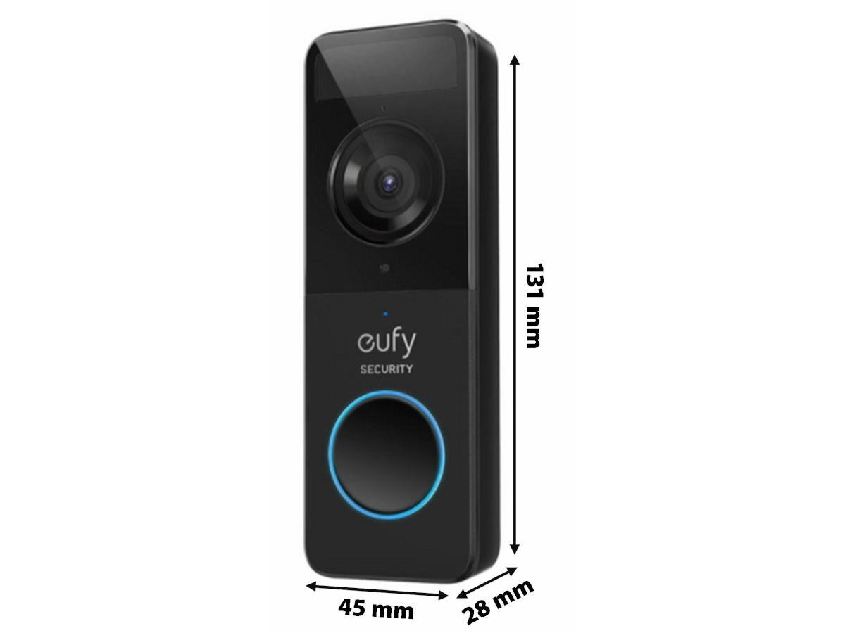 Wideodomofon EUFY Doorbell Slim ‎Bezprzewodowy Wi-Fi, zestaw, dom, blok, powiadomienia, panel, Wideodomofon Eufy Doorbell Slim z wymiarami 131x45x28 mm, szczegółowa prezentacja proporcji.