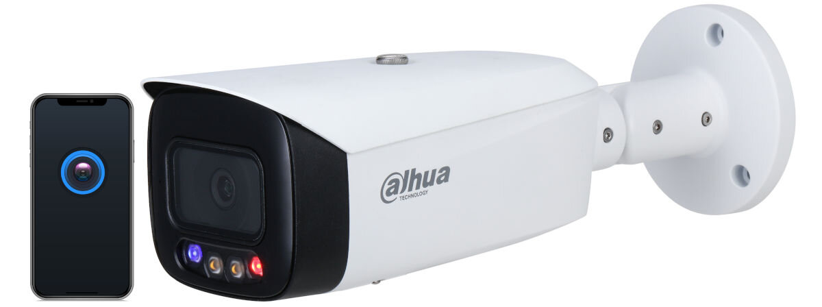 Kamera DAHUA HFW3249T1-AS-PV-0280B Zewnętrzna, LAN, Kamera obrotowa, odstraszanie, alarmy, detekcja, intruz, na białym tle kamera wraz z smartfonem frontem prawo skos