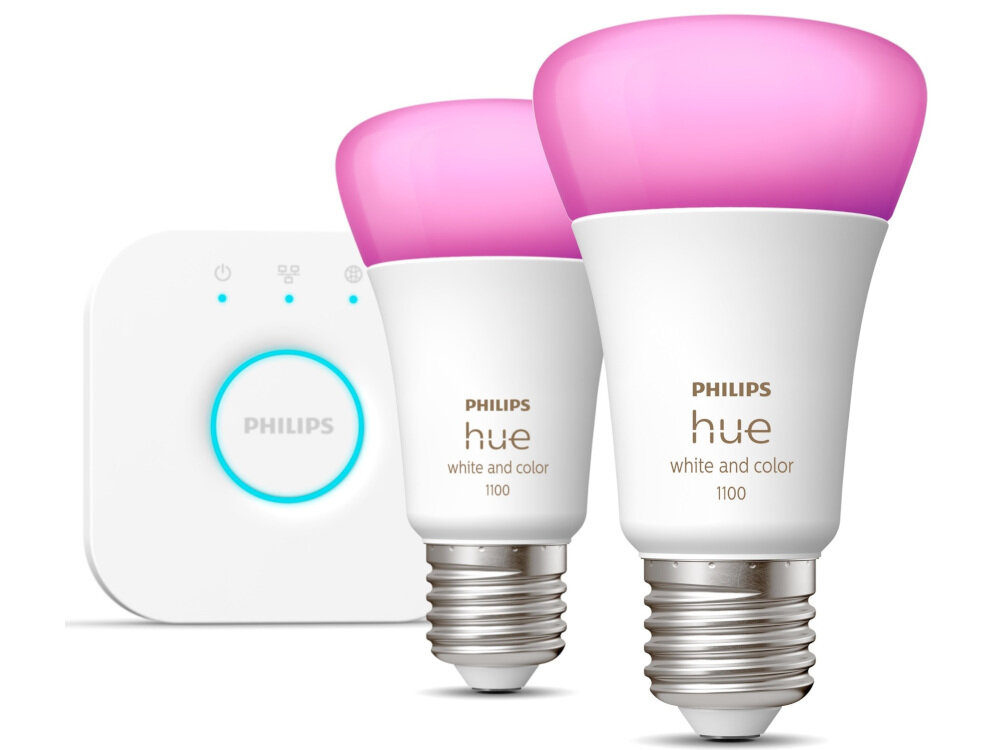 Inteligentna żarówka LED PHILIPS HUE 212378 9W E27 Wi-Fi (2 szt.) + Mostek energetyzujący lub relaksujący nastrój inteligentne żarówki HUE proste w obsłudze i montażu sterowane głosem lub poprzez Bluetooth