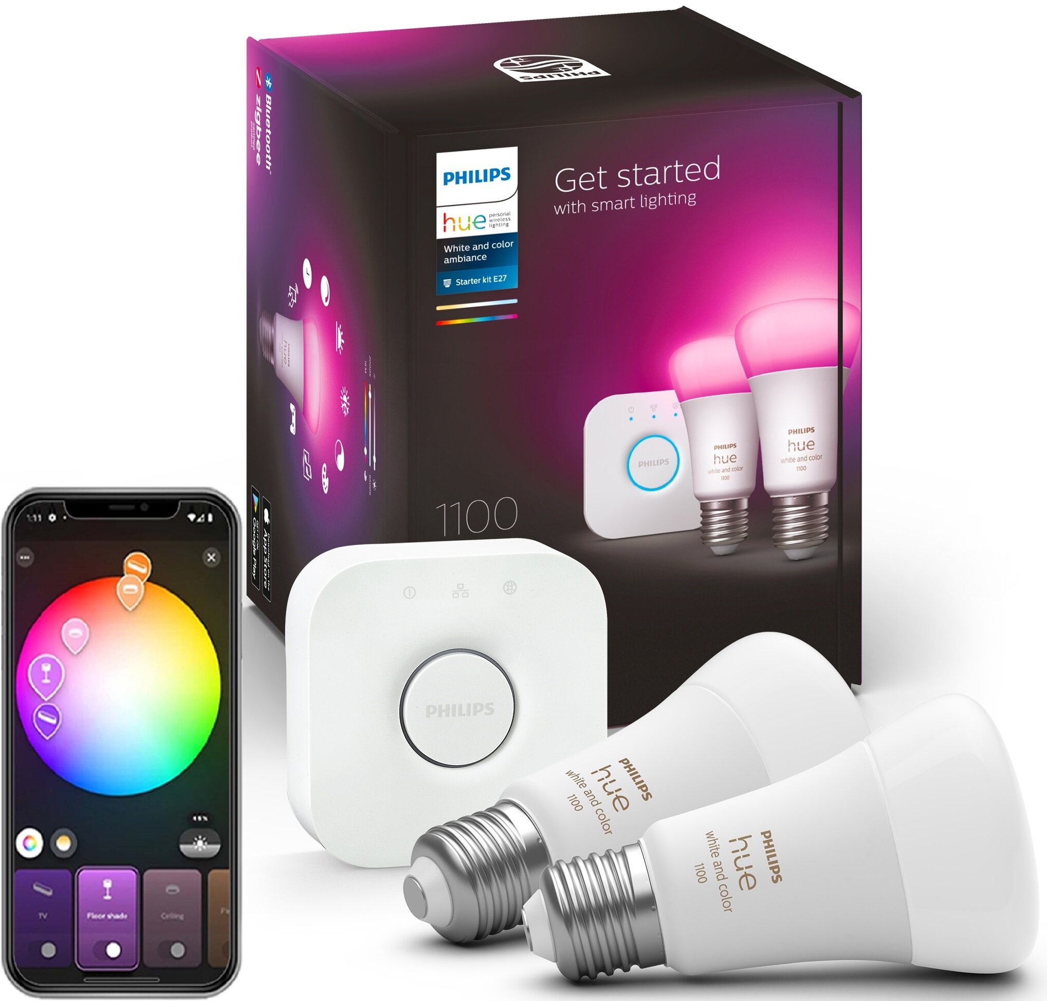 Inteligentna żarówka LED PHILIPS HUE 212378 9W E27 Wi-Fi (2 szt.) + Mostek w zestawie 2 żarówki LED HUE mostek HUE
