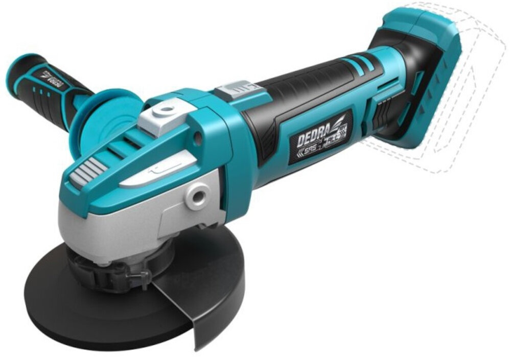 Zestaw elektronarzędzi DEDRA N0303G02 szlifierka na białym tle widoczna od przodu pod skosem rękojeść z boku do cięcia i szlifowania bezprzewodowa mobilność ergonomia