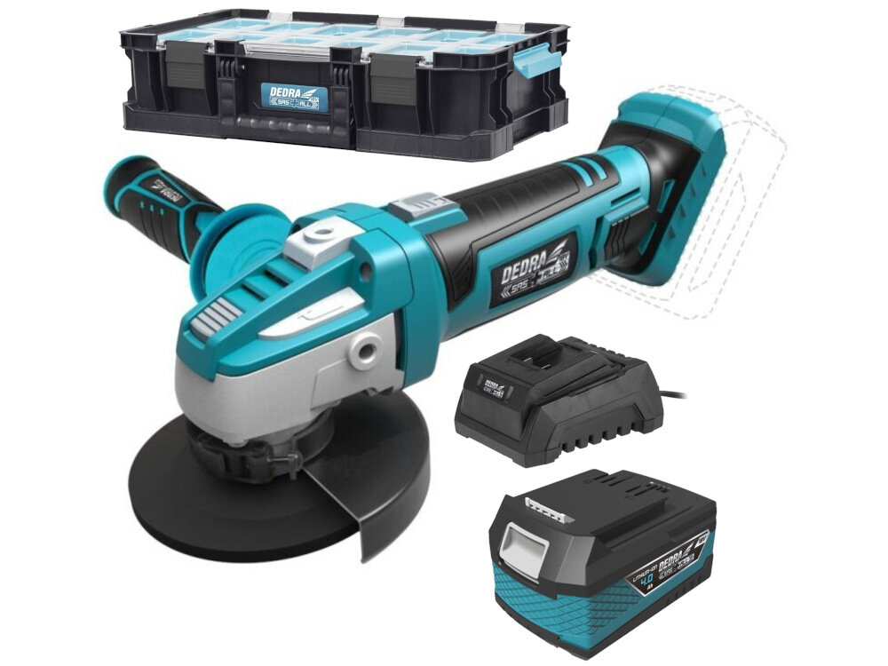 Zestaw elektronarzędzi DEDRA N0303G02 zestaw na białym tle w zestawie szlifierka DEDRA DED7050 organizer akumulator ładowarka osłona tarczy dodatkowy uchwyt kluczyk montażowy dokumentacja