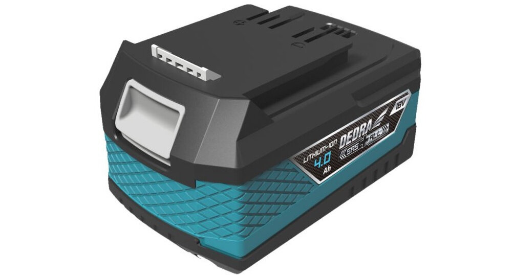 Zestaw elektronarzędzi DEDRA N0303G02 akumulatora na białym tle zasilanie akumulatorowe pełna mobilność ułatwia manewrowanie narzędziem technologia litowo-jonowa wskaźnik naładowania  akumulator 18 V pojemność 4,0 Ah