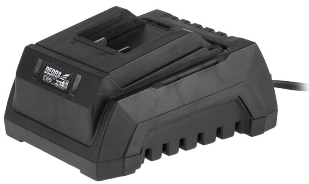 Zestaw elektronarzędzi DEDRA N0303G02 ładowarka na białym tle ładowarka o mocy 60 W szybkie ładowanie akumulatorów z serii SAS+ALL czas ładowania około 120 minut dwie diody jedna informuje o podłączeniu do sieci druga o zakończeniu ładowania kontrola procesu ładowania kompatybilność z całą serią SAS+ALL