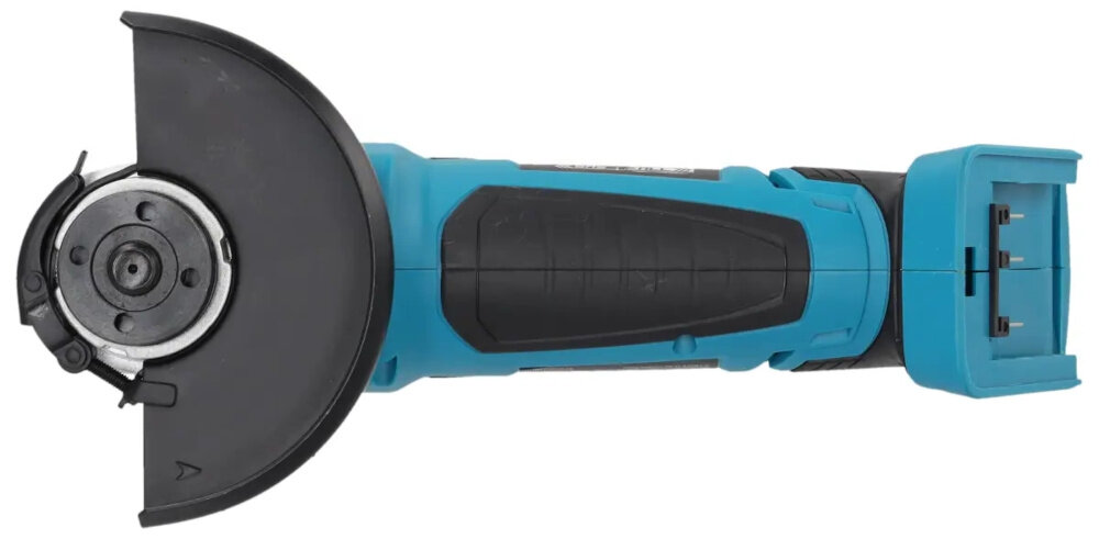 Zestaw elektronarzędzi DEDRA N0303G02 szlifierka na białym tle widoczna od spodu rękojeść z boku prędkość obrotowa 9500 obr./min tarcza o średnicy 125 mm szybkie tempo szlifowania i cięcia gwint mocujący M14 