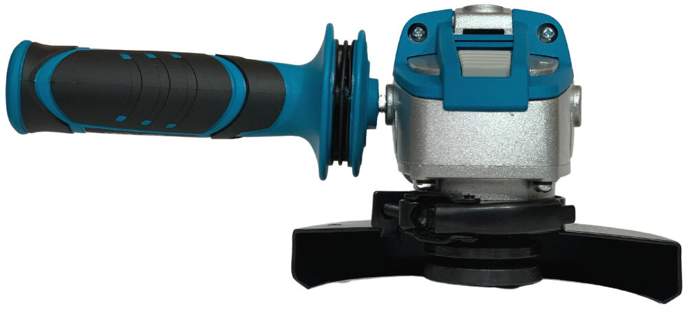 Zestaw elektronarzędzi DEDRA N0303G02 szlifierka widoczna od przodu zbliżenie na rękojeść boczną zdjęcie na białym tle materiał antypoślizgowy pewny chwyt waga 1,83 kg duża kontrola nad cięciem małe obciążenie dłoni