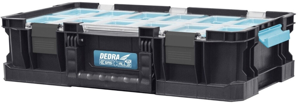Zestaw elektronarzędzi DEDRA N0303G02 organizer na białym tle organizer pojemność 14,3 l dziewięć przegródek wyjmowane kuwety 12 wyjmowanych pojemników