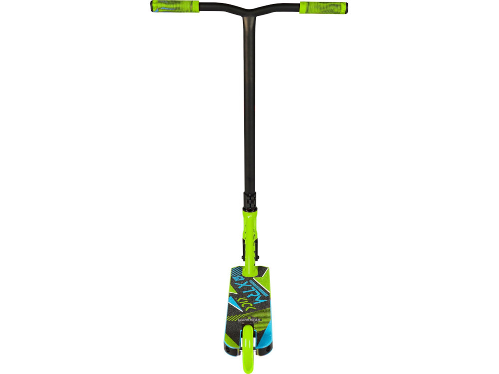Hulajnoga wyczynowa MADD GEAR Kick Extreme Zielono-niebieski oryginalny dopracowany design wzmocniona kierownica ze stali chromowanej jakość trwałość wysokość około 82 cm stalowy widelec IHC bezszwowy wyższa wytrzymałość uchwyty pokryte antypoślizgowym materiałem pweny chwyt