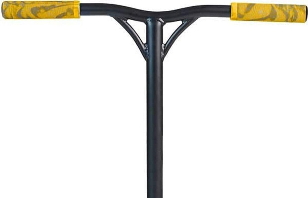 Hulajnoga wyczynowa MADD GEAR Kick Kaos Czarno-złoty oryginalny dopracowany design wzmocniona kierownica ze stali chromowanej jakość trwałość wysokość około 60,9 cm stalowy widelec IHC bezszwowy wyższa wytrzymałość uchwyty pokryte antypoślizgowym materiałem pweny chwyt
