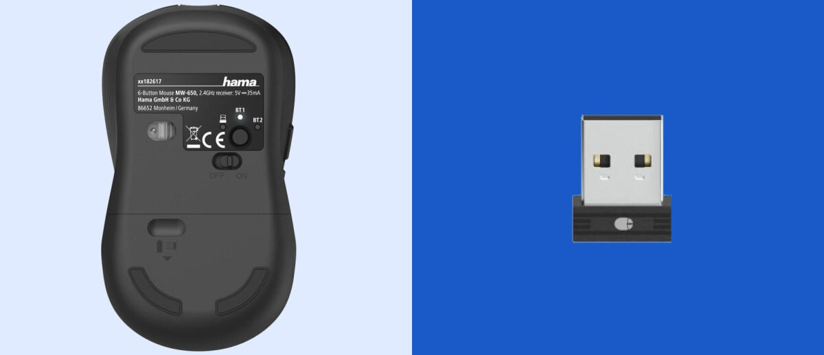 Mysz HAMA MW-650 Czarny
wygoda bez przewodów, komfort i mobilność, brak kabli, niebieskie tło, mysz od dołu, nadajnik USB-A