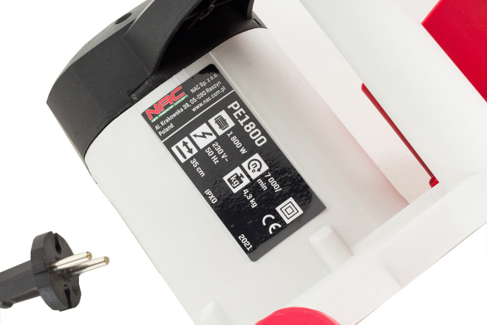 Piła elektryczna NAC PE1800 niesamowita szybkość wydjaność pracy prędkość łańcucha 13 m/s długość prowadnicy 35 cm moc silnika 1800 W