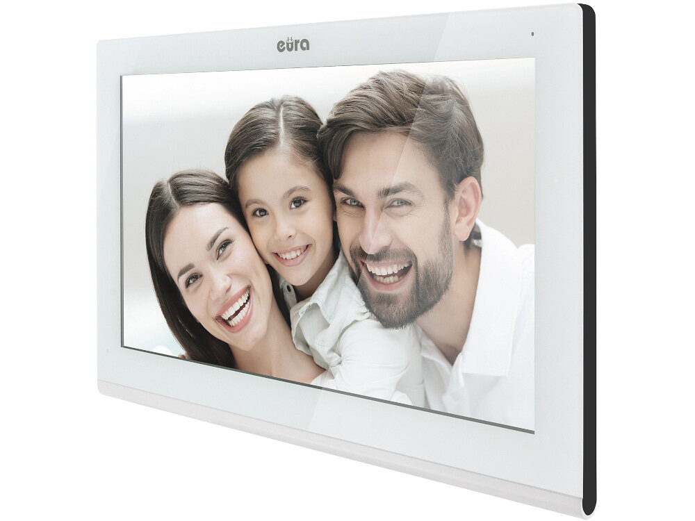 Monitor do wideodomofonu EURA VDA-08C5W prosta obsługa przycisk wywołania na kasecie zewnętrznej sparowanie z kasetą zewnętrzną automatycznie pojawi się obraz sygnalizowany dzwonkiem 12 melodii gongu