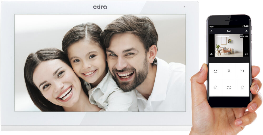 Monitor do wideodomofonu EURA VDA-08C5W wbudowany moduł Wi-Fi aplikacja Tuya na Android iOS równoległe wywołanie monitora oraz smartfona odbieranie połączeń sterowanie ryglem elektromagnetycznym i automatem bramowym wykonywanie zdjęć rejestrowanie filmów