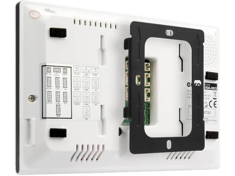 Monitor do wideodomofonu EURA VDA-09C5W prosty montaż ramka montażowa kostki łączeniowe żyły przewodu zasilacz do gniazda wysokość około 150 cm