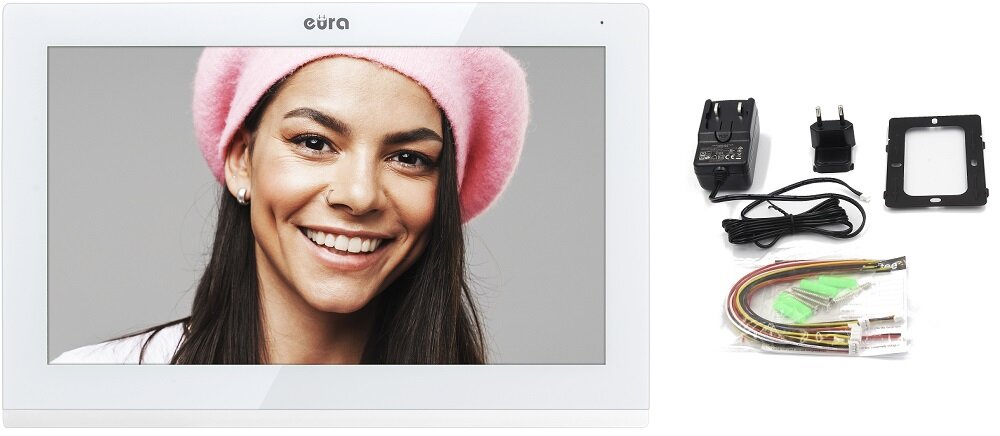 Monitor do wideodomofonu EURA VDA-09C5W w zestawie zasilacz do sieci 230V/50Hz ramka montażowa akcesoria do montażu instrukcja obsługi w języku polskim warunki gwarancji