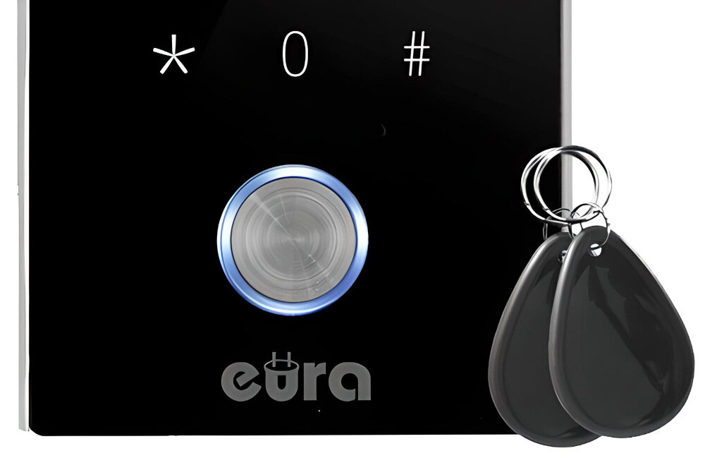 Kaseta zewnętrzna wideodomofonu EURA VDA-51C5P intuicyjne w obsłudze czytnik zbliżeniowy karty breloki praca w standardzie Mifare 13,56 MHz szyfrator po wpisaniu kodu PIN