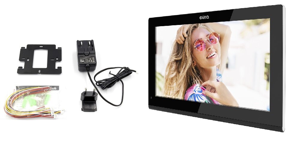 Monitor do wideodomofonu EURA VDA-11C5B zasilacz do sieci 230V/50Hz ramka montażowa przewody żyłowe instrukcja obsługi w języku polskim karta gwarancyjna