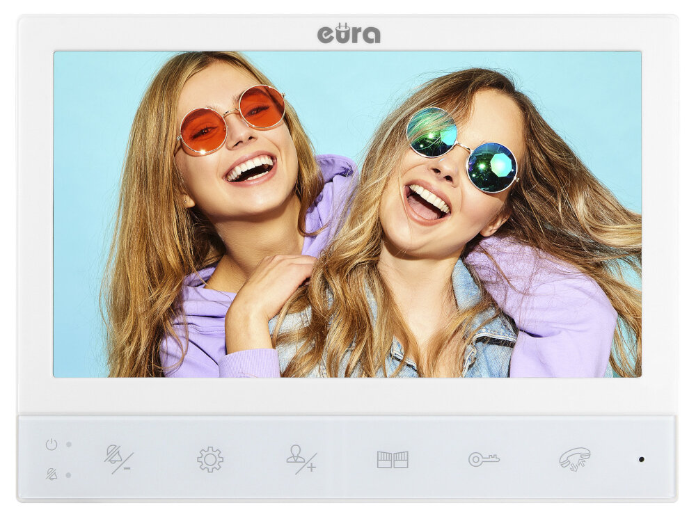 Wideodomofon EURA VDP-80C5 Biały monitor kolorowy LCD przekątna ekranu 7 cali zapis obrazów rejestracja filmów na karcie microSD sygnał wideo w technologii AHD rozdzielczość 1024x600 pikseli
