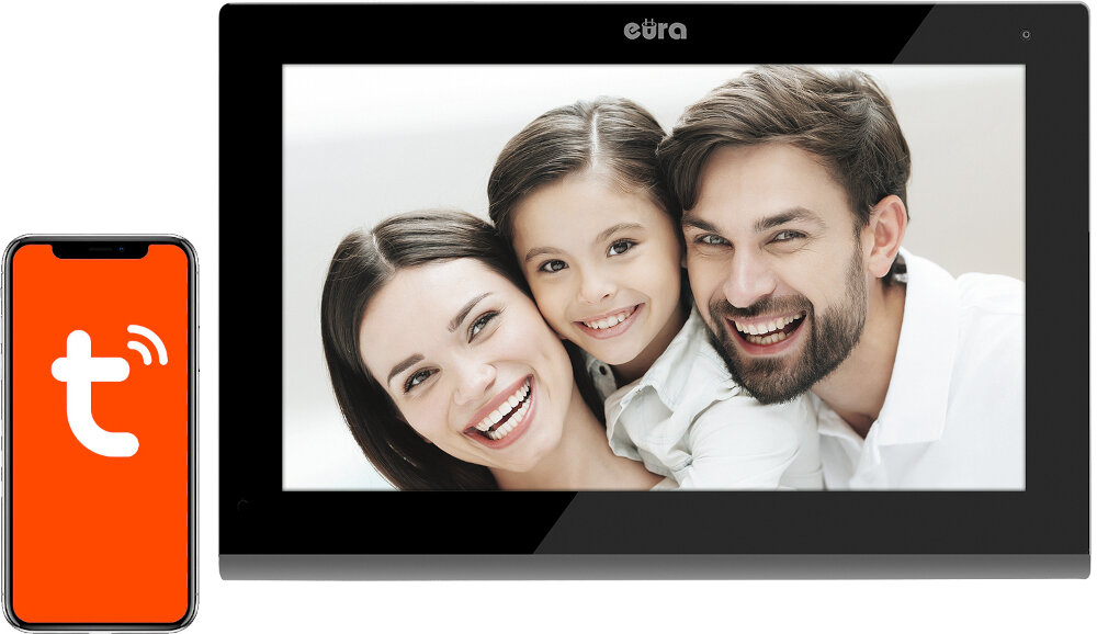 Monitor do wideodomofonu EURA VDA-08C5B wbudowany moduł Wi-Fi aplikacja Tuya na Android iOS równoległe wywołanie monitora oraz smartfona odbieranie połączeń sterowanie ryglem elektromagnetycznym i automatem bramowym wykonywanie zdjęć rejestrowanie filmów