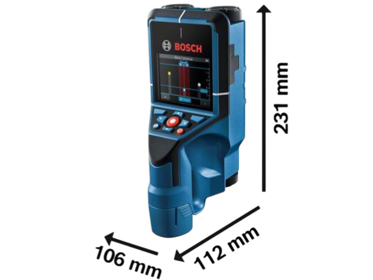 Na obrazie widoczny jest niebieski detektor z ekranem, na którym wyświetlane są dane pomiarowe. Obok urządzenia znajdują się wymiary: 106 mm, 112 mm i 231 mm, a na ekranie widnieje logo BOSCH.
