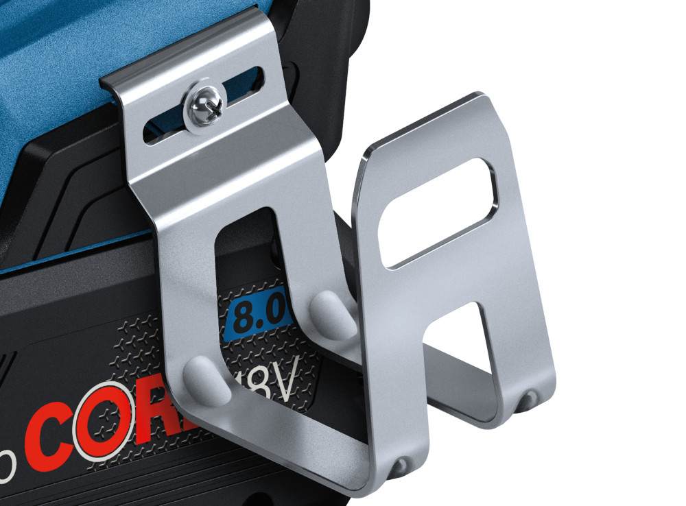 Klucz udarowy BOSCH Professional GDS 18V-1000 06019J8300 zbliżenie na zaczep białe tło metalowy zaczep można wygodnie zawiesić na pasku narzędziowym pasie roboczym lub na drabinie ogranicza się konieczność odkładania urządzenia na powierzchnię zwiększa komfort i tempo pracy