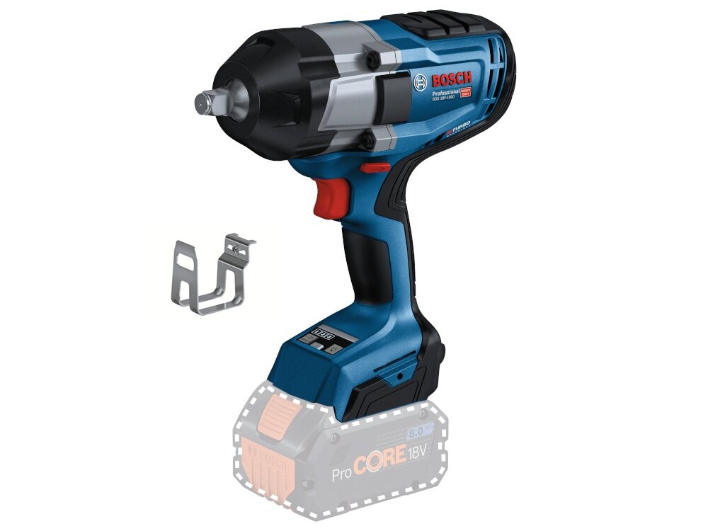 Klucz udarowy BOSCH Professional GDS 18V-1000 06019J8300 zestaw na białym tle w zestawie klucz zaczep dokumentacja