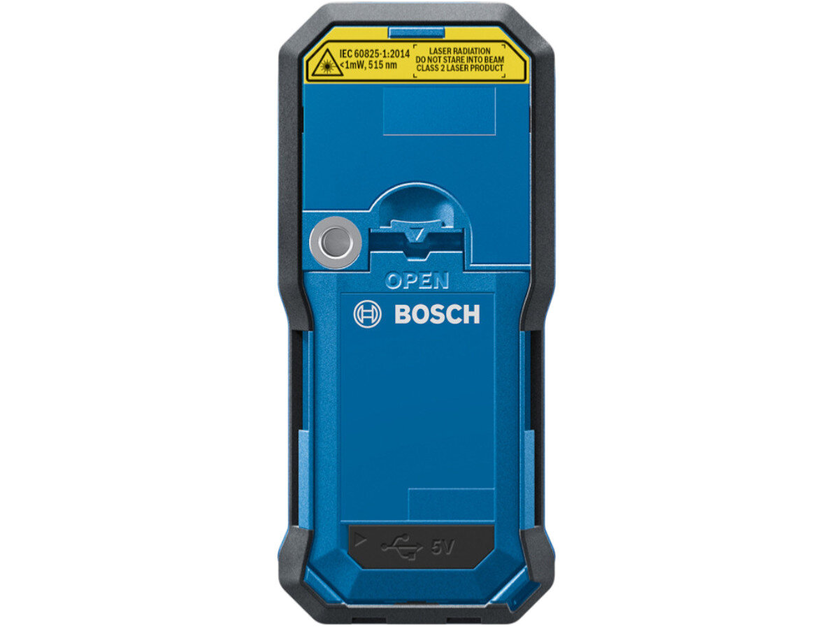 Niebieskie urządzenie z logo BOSCH i napisem OPEN na środku. Na górze znajduje się żółta etykieta z ostrzeżeniem o promieniowaniu laserowym, a na dole symbol USB z oznaczeniem 5V.