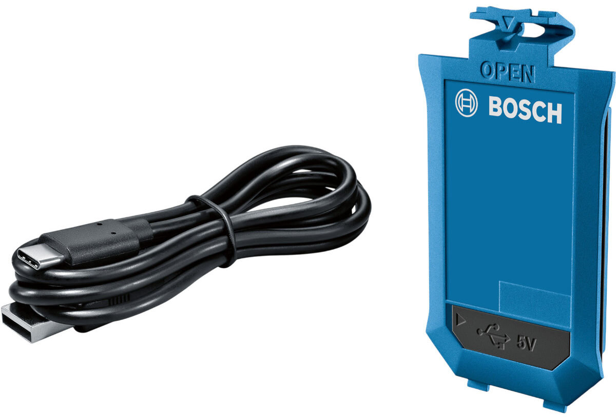 Na obrazie znajduje się niebieski akumulator z napisem \'BOSCH\' oraz czarny kabel USB. Na akumulatorze widoczny jest symbol USB i oznaczenie \'5V\'.