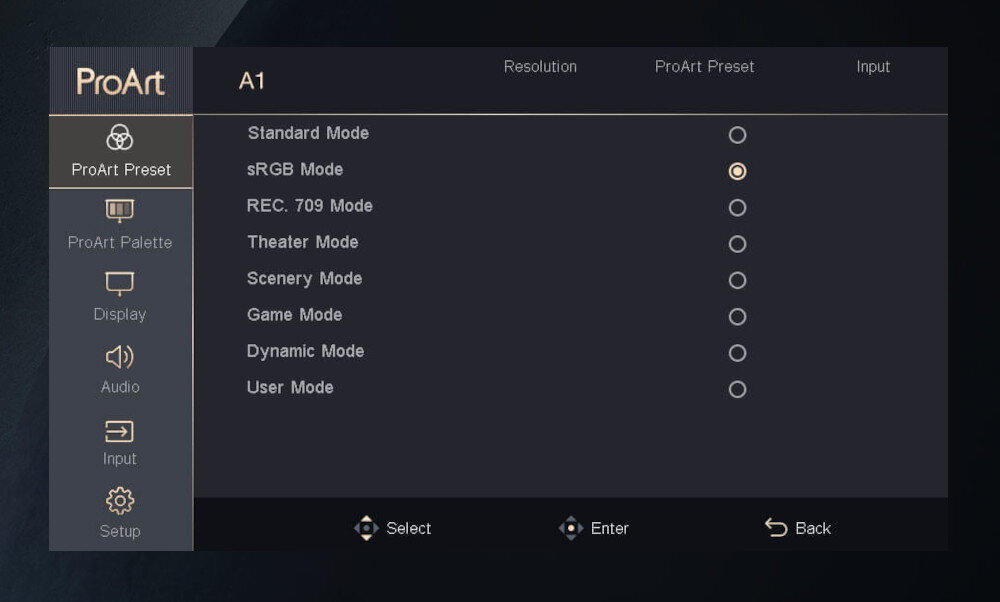 Projektor ASUS ProArt A1 parametry kolory interfejs tryby