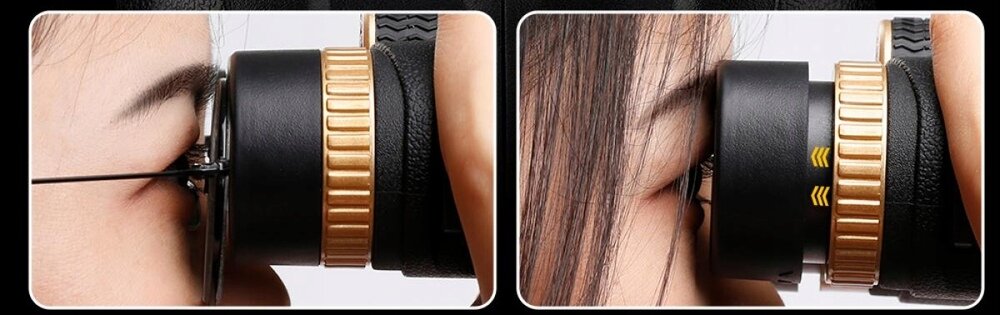 Dwa zbliżenia na osobę używającą lornetki z czarnym i złotym wykończeniem. Na drugim zdjęciu widoczne są żółte strzałki na obudowie lornetki.