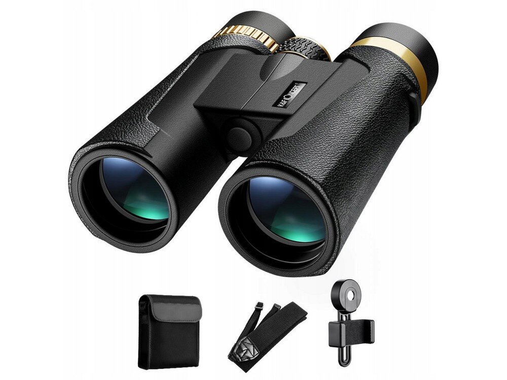 Na obrazie widoczna jest czarna lornetka z elementami w kolorze złotym, obok której znajdują się akcesoria: pokrowiec, pasek i uchwyt. Na lornetce widnieje napis \'K&F CONCEPT\'.