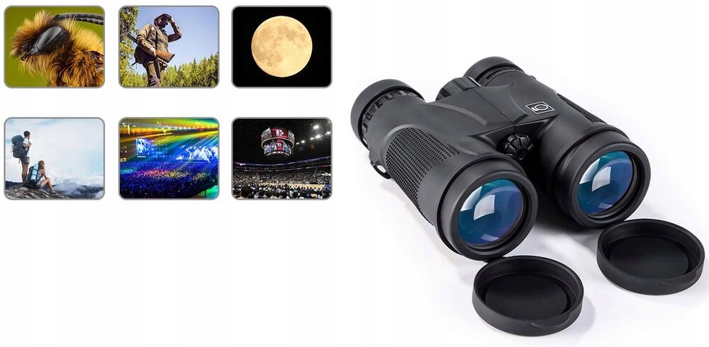 Na obrazie widoczna jest czarna lornetka z niebieskimi soczewkami i logo producenta. Obok lornetki znajdują się zdjęcia przedstawiające różne sceny, takie jak zbliżenie na owada, krajobraz górski, księżyc, koncert i wydarzenie sportowe.