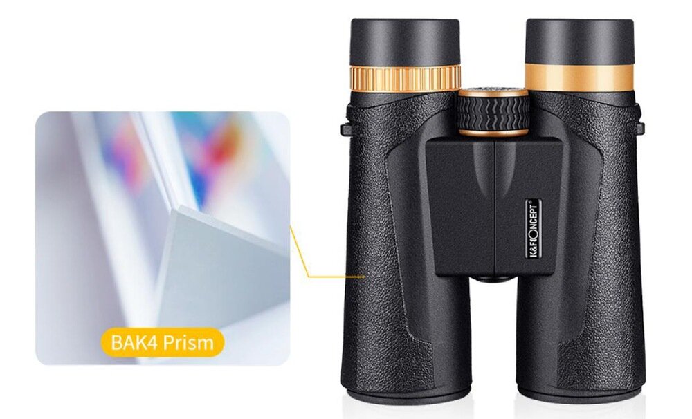 Na obrazie widoczna jest czarna lornetka z pomarańczowymi akcentami oraz logo K&F CONCEPT. Obok znajduje się zbliżenie pryzmatu z podpisem \'BAK4 Prism\'.