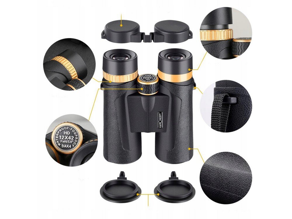 Na obrazie widoczna jest czarna lornetka z elementami w kolorze złotym, z kilkoma zbliżeniami na szczegóły konstrukcji. Na jednym z elementów widoczny jest tekst: \'WATERPROOF FOGPROOF HD 12X42 Field 5.8° BAK4\'.