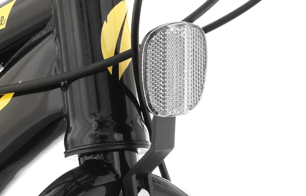 Rower dziecięcy INDIANA Fatbike 20 cali dla chłopca Czarno-żółty zbliżenie na odblaski zdjęcie na białym tle specjalne gwinty przymocowanie uchwytu na bidon odblaski dobra widoczność na drodze bezpieczeństwo dzwonek zamontowany na kierownicy