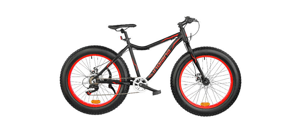 Rower młodzieżowy INDIANA Fatbike 24 cale dla chłopca Czarno-niebieski w klasycznej czerni z niebieskimi i czerwonymi akcentami dla młodych użytkowników liczne elementy poprawiające wygodę korzystania amortyzator podzespoły wielu renomowanych firm ciekawy kształt i kolorystyka wygoda bezpieczeństwo