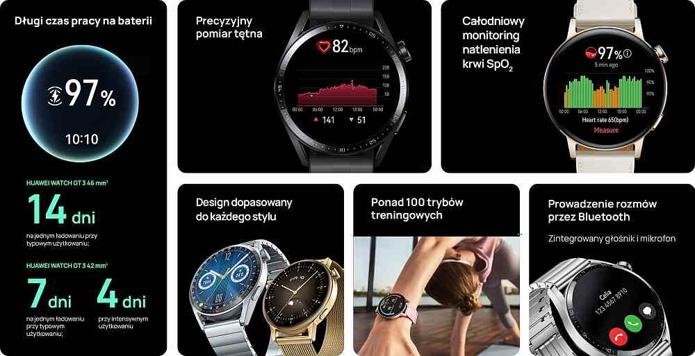 Smartwatch Huawei GT 3 ekran bateria pasek wykonanie odporność funkcje monitoring pomiar aplikacja łączność odbieranie dzwonienie