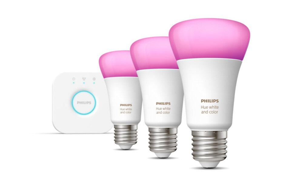 Zestaw startowy PHILIPS HUE 929002468804 9W E27 (3 szt.) + mostek Bridge energetyzujący i relaksujący nastrój proste w obsłudze i montażu sterowane głosem Bluetooth
