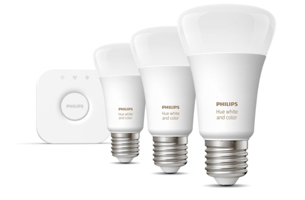 Zestaw startowy PHILIPS HUE 929002468804 9W E27 (3 szt.) + mostek Bridge w zestawie 3 żarówki mostek HUE kabel sieciowy Ethernet 2 regulatory przyciemniania HUE zasilacz