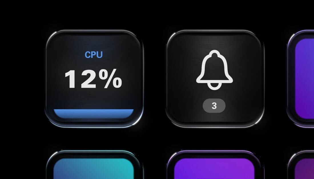 Zbliżenie przycisków panelu Elgato Stream Deck pokazuje ikonę CPU 12% i symbol powiadomienia na czarnym tle - Strony i zagnieżdżone foldery  