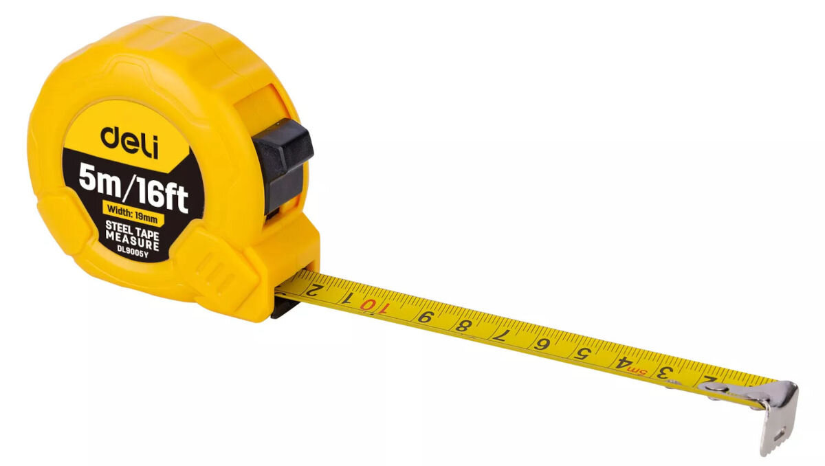 Miara zwijana DELI TOOLS EDL9005Y (5 m), mechanizm, blokada, zwijanie, automatyczne, na białym tle miara z rozwiniętym paskiem pomiarowym